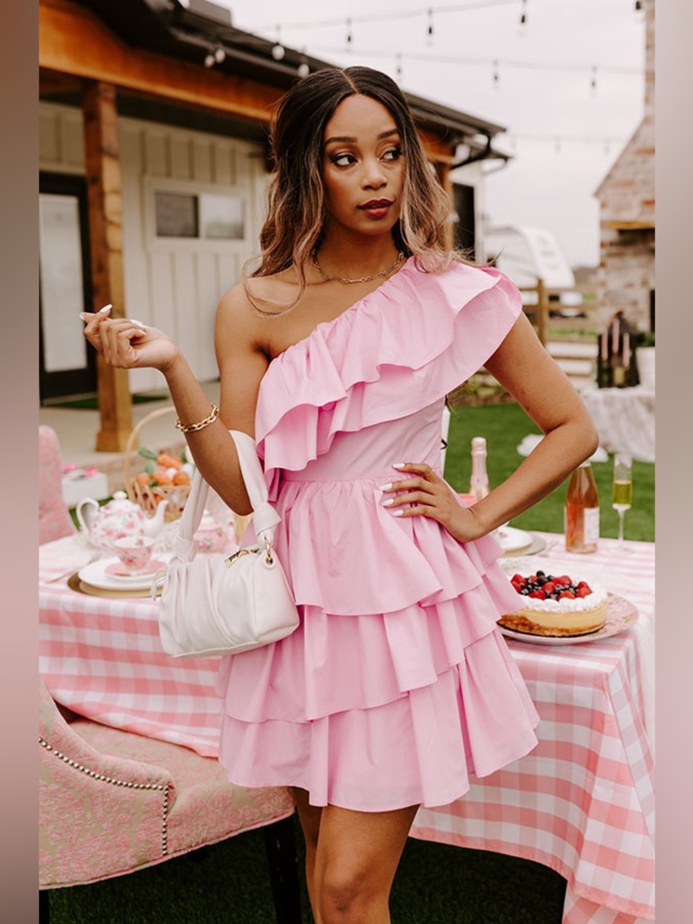 Entro Pink One Shoulder Ruffle Tiered Mini Dress Size M